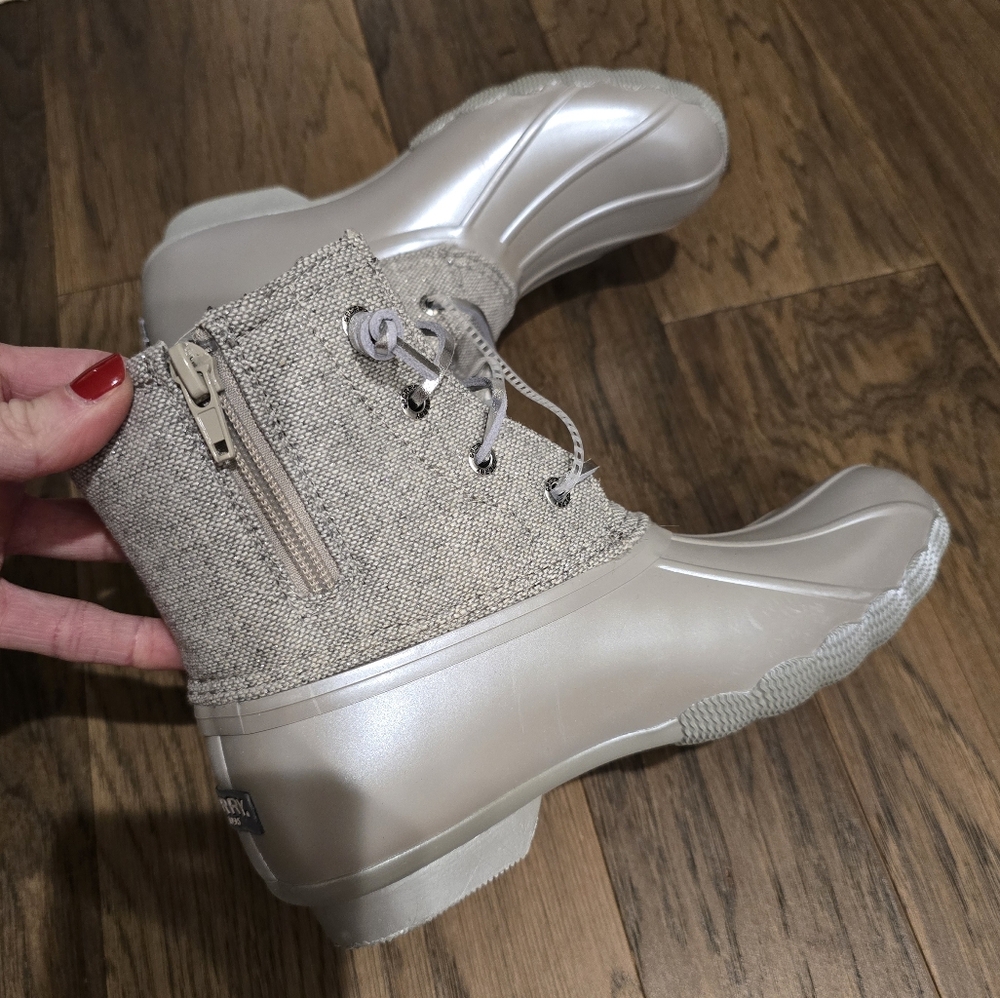 🆕 Sperry Topsider Core Saltwater Rain Duck Boots Grey Silver Iridescent Kids - Picture 14 of 16